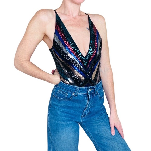 EXPRESS Holiday Multi Color Sequins Bodysuit Festival Coachella - Picture 10 of 10